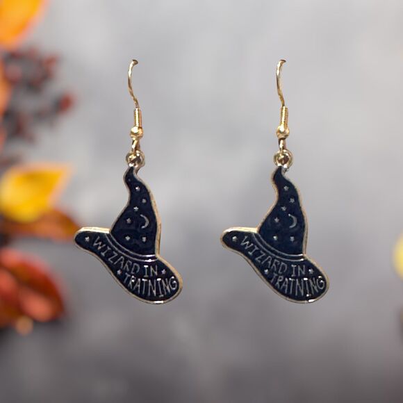 Indio Jewelry Jewelry - Halloween Enamel Black Witch Wizard Hat Gold Earrings #2256